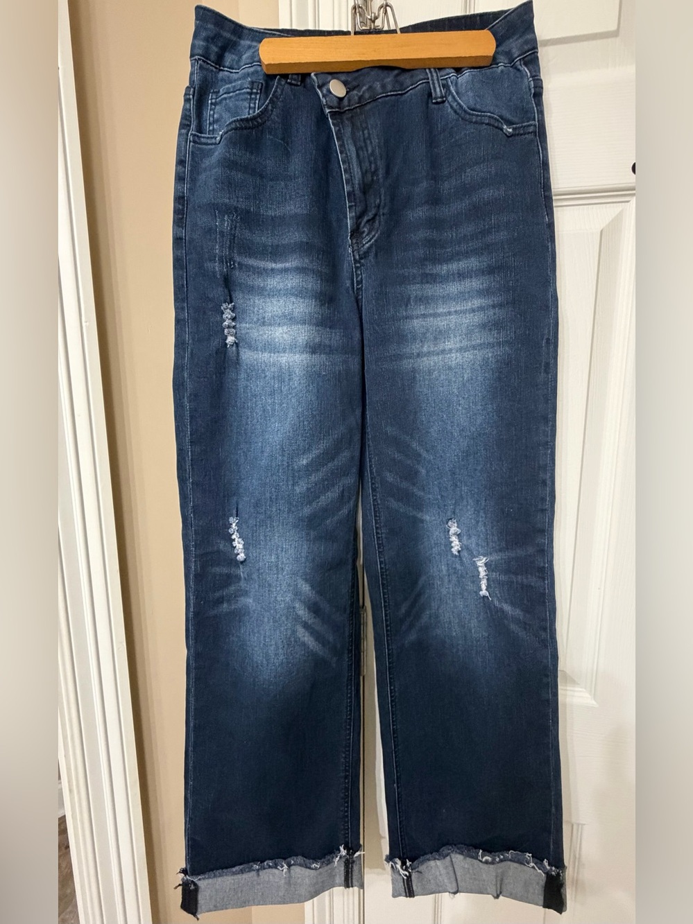 Women's Dark Blue Destressed Straight Jeans